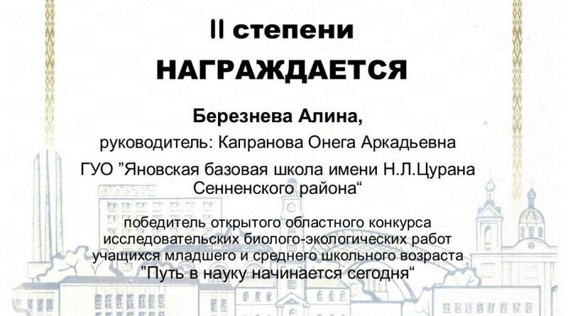 Алина Березнева, учащаяся 7 класса Яновской школы, стала дипломантом областного конкурса исследовательских работ